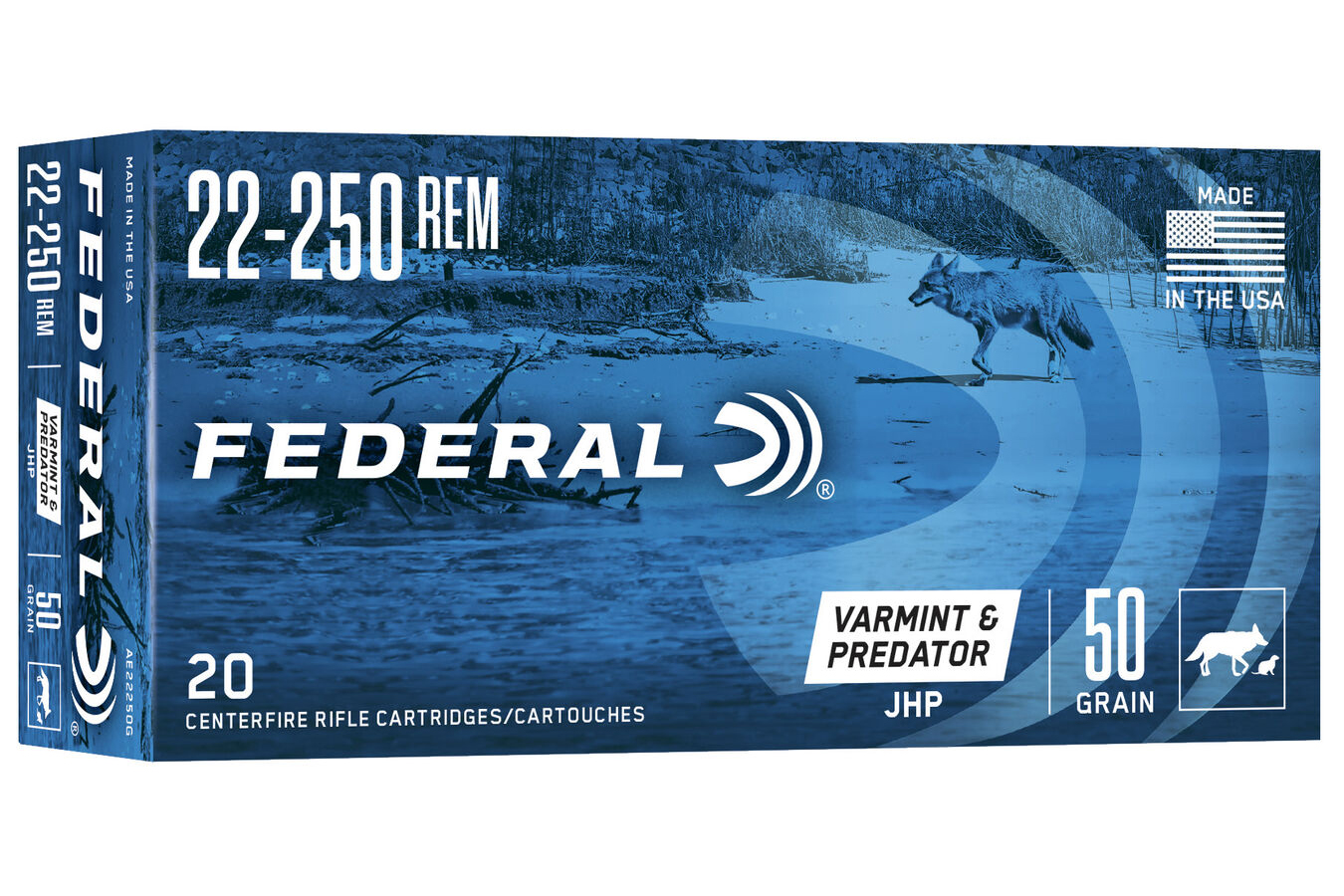 Federal 22-250 Remington 50 gr JHP American Eagle Varmint and Predator 20/Box