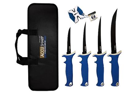 KNIFE KIT WITH SATIN STAINLESS STEEL BLADES, BLUE NON-SLIP TPR HANDLES, AND 2-ST