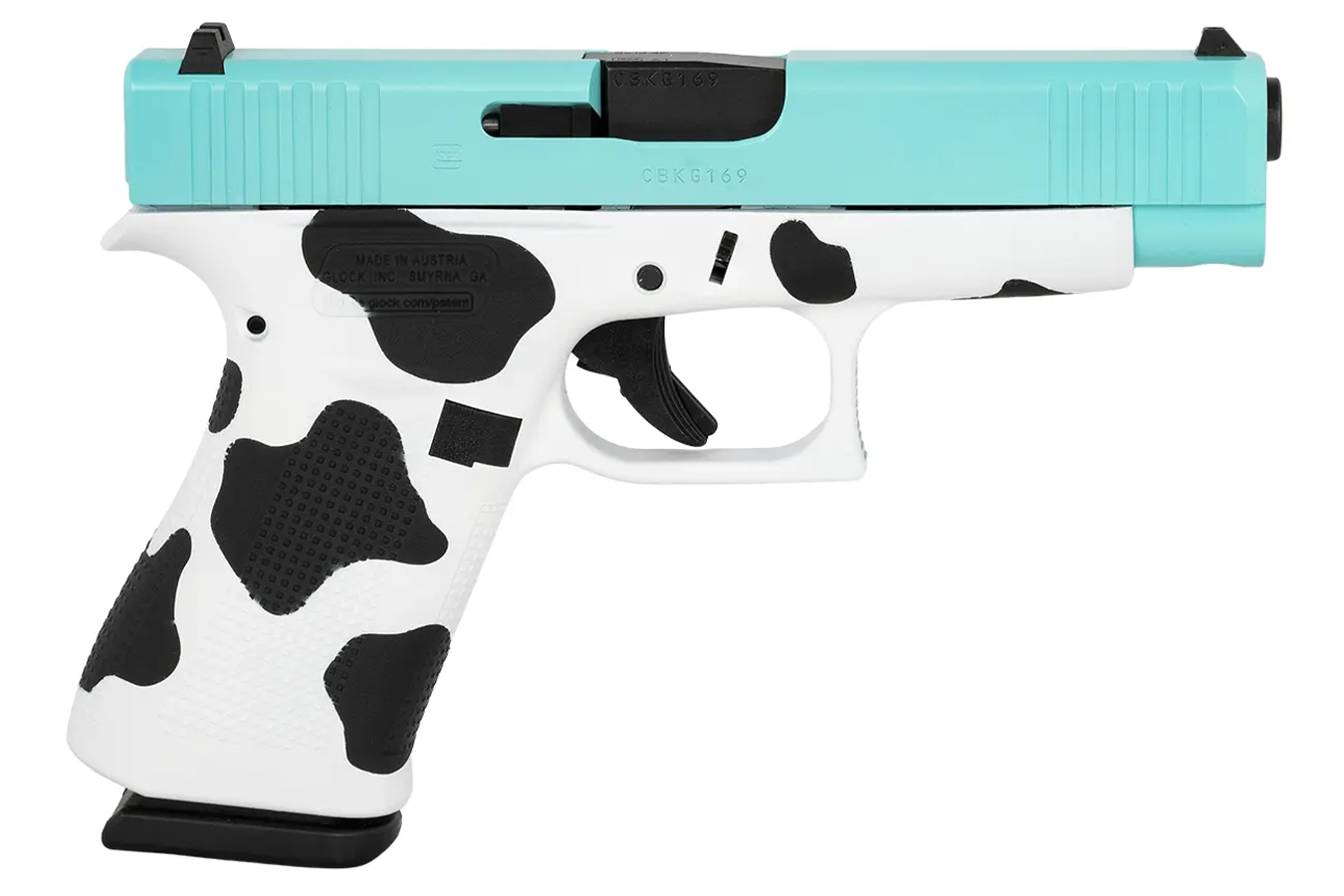 Glock 48 9mm Slim Compact PIstol with Cerakote Cow Frame and Blue Cerakote Slide