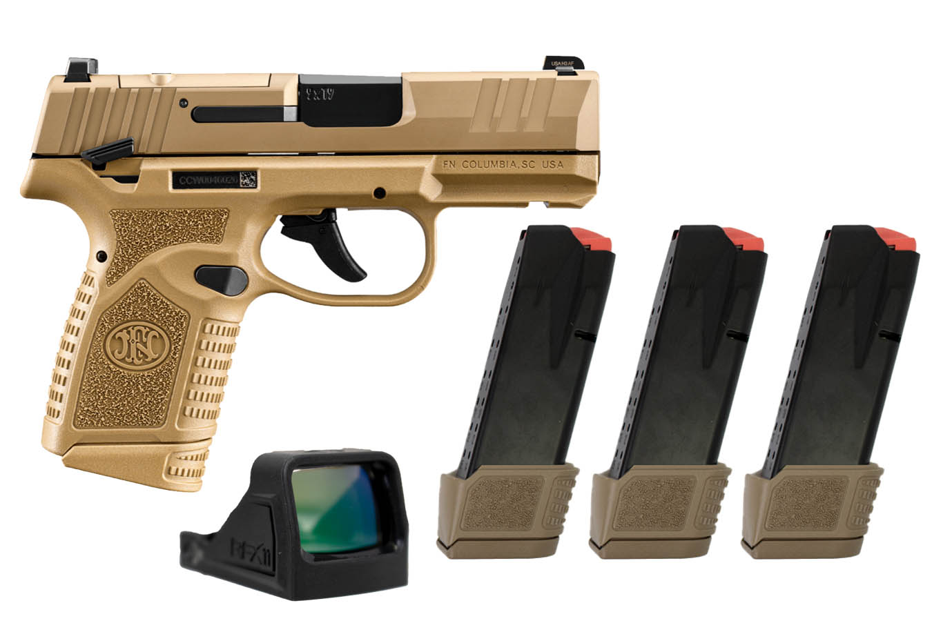 FN Reflex 9mm Optic Ready Micro Compact Pistol with Viridian RFX-11 Green Dot SIght and Four Magazines