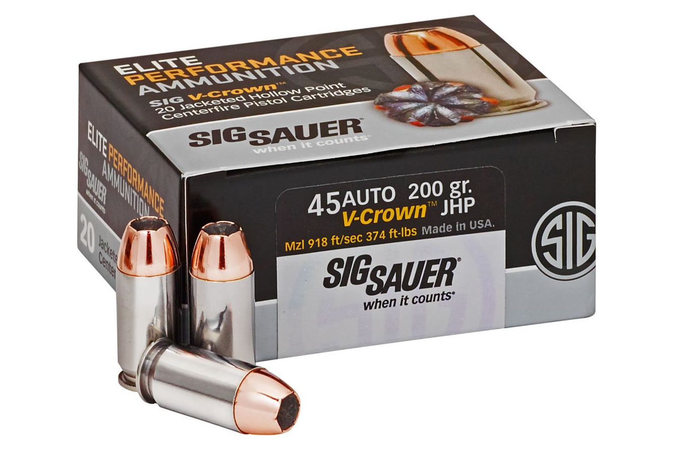 Sig Sauer 45 Auto 200 gr JHP Elite V-Crown 20/Box