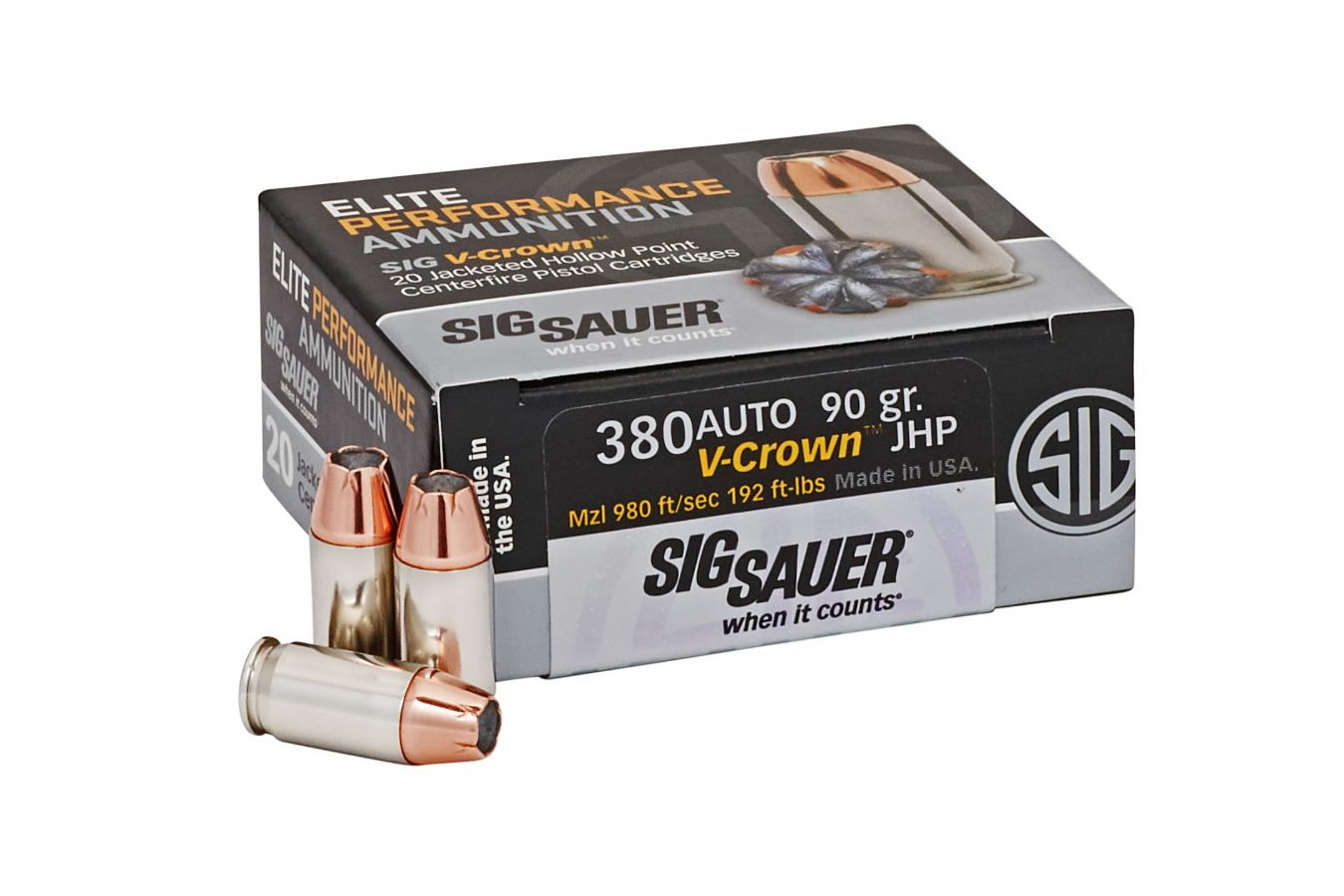 Sig Sauer 380 Auto 90 gr JHP Elite V-Crown 20/Box