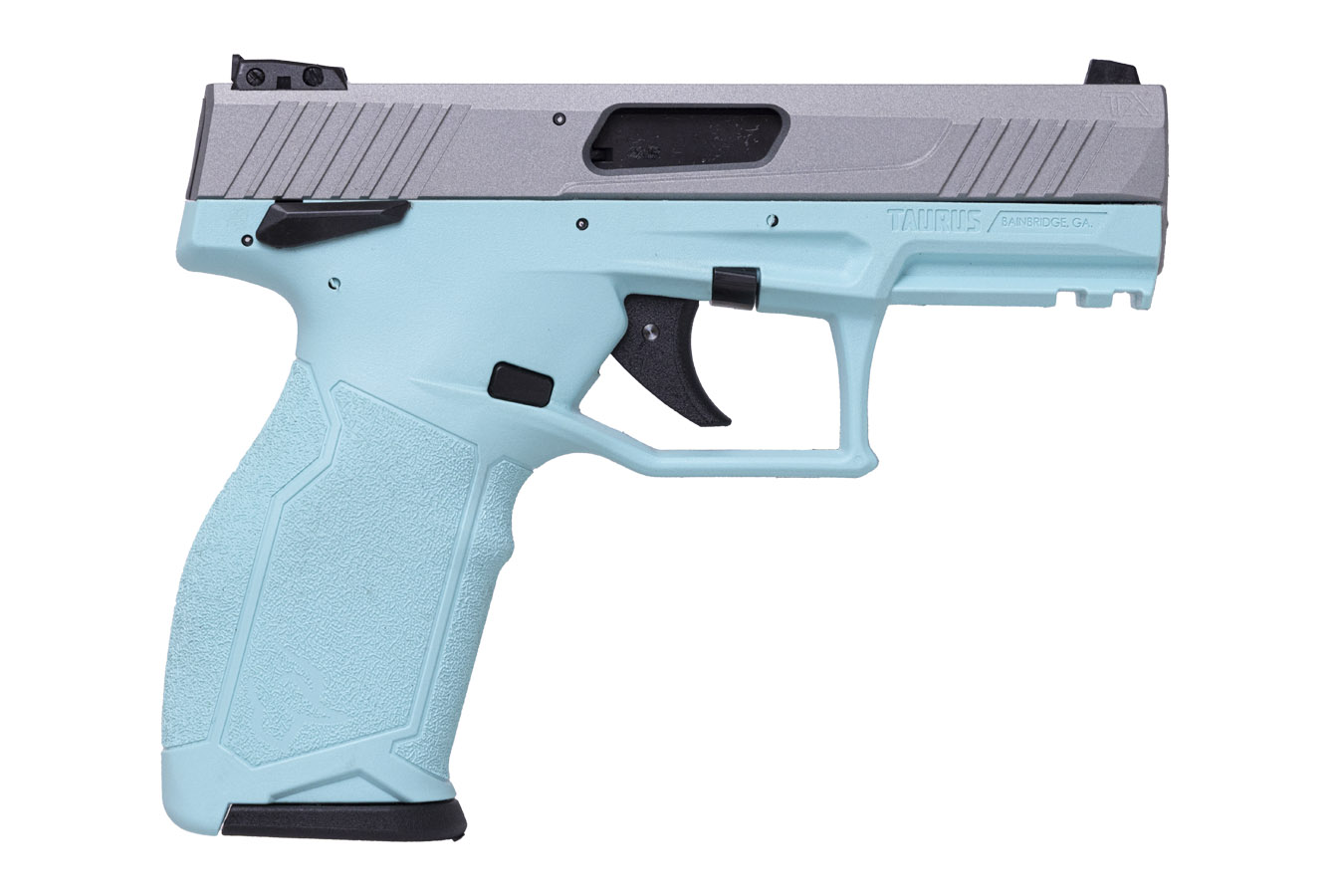 TAURUS TX22 22LR Rimfire Pistol with Cyan Frame and Satin Nickel Slide