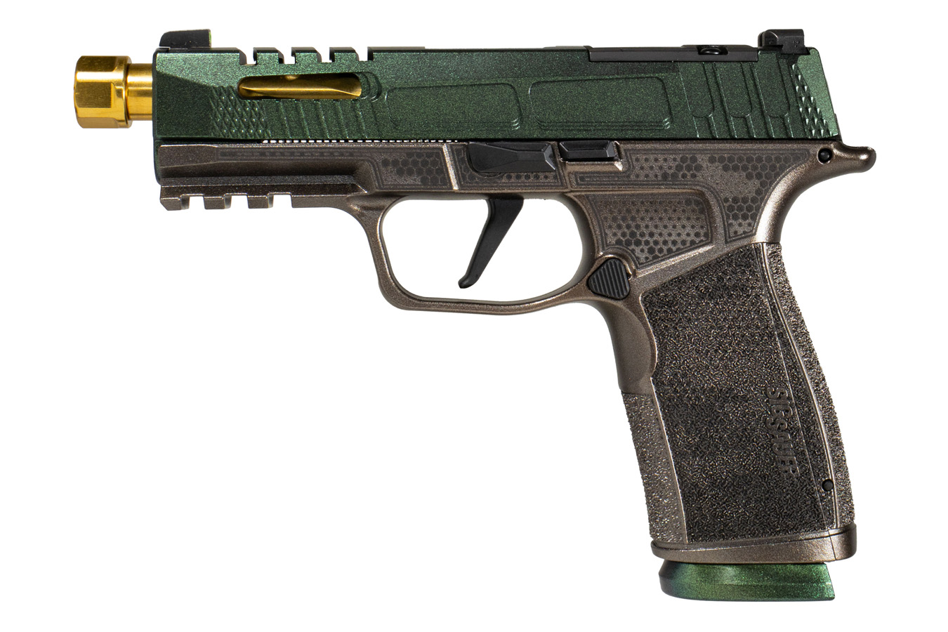 SIG SAUER P365-XMacro 9mm Shark Coast Pistol with Cypress Raptor Finish and Gold Barrel