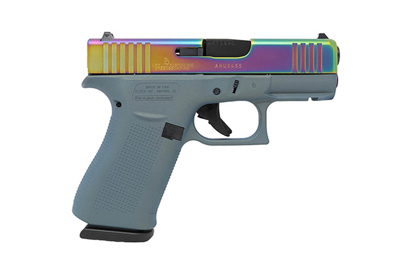 GLOCK 43x 9mm Pistol with Northern Lights Cerakote Frame and Rainbow Slide