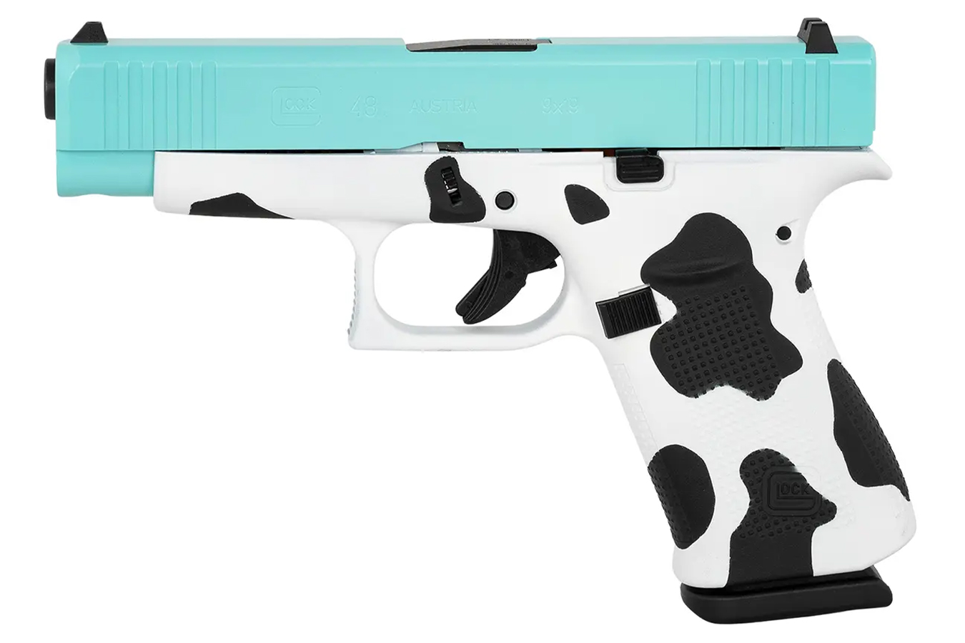 GLOCK 48 9mm Slim Compact PIstol with Cerakote Cow Frame and Blue Cerakote Slide