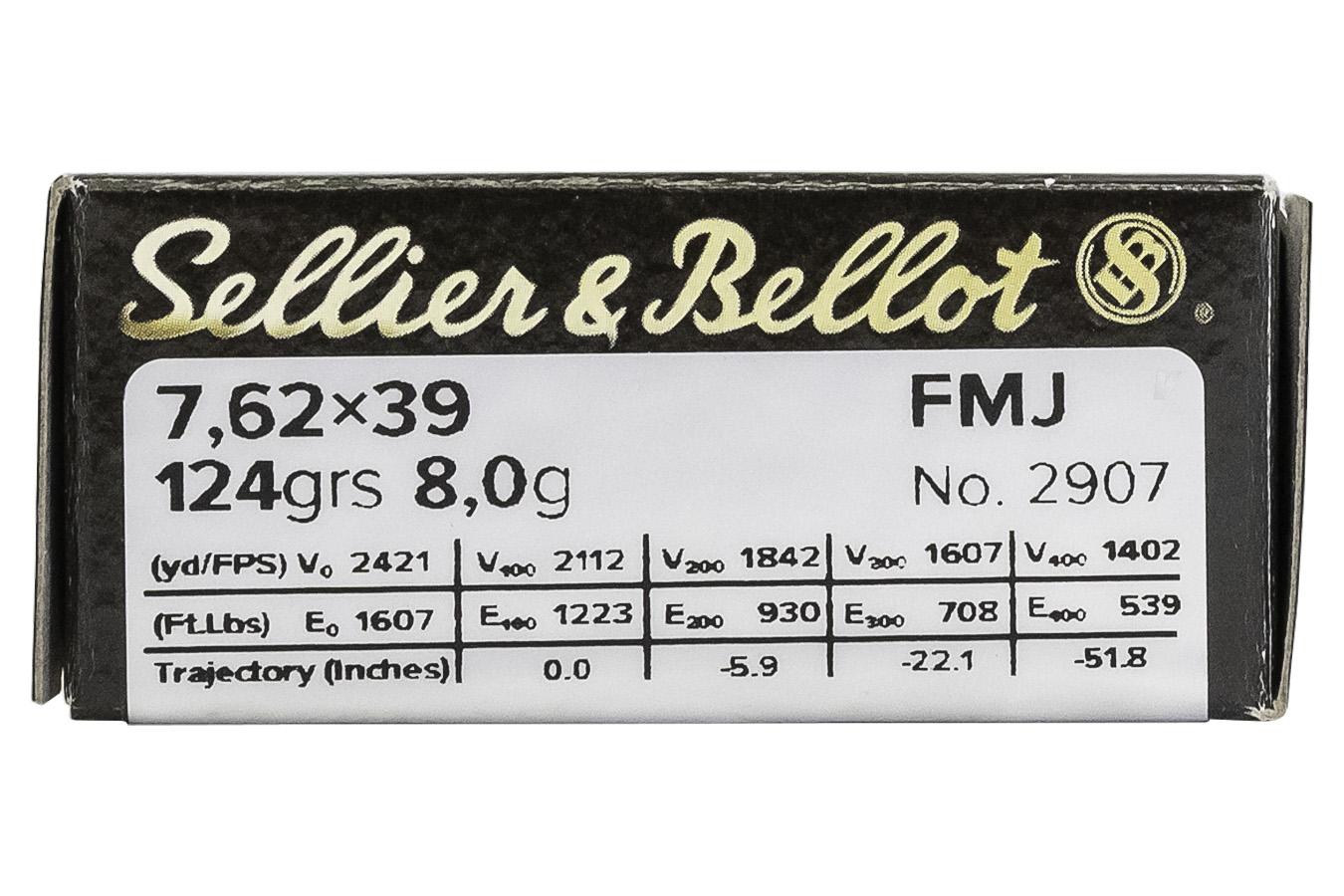 SELLIER AND BELLOT 7.62x39mm 124 gr FMJ Rifle Ammo 20/Box